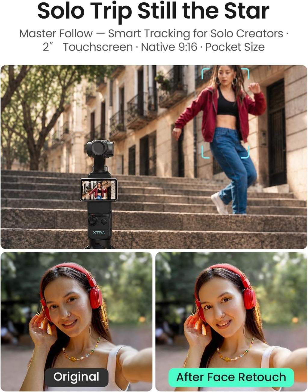 Xtra Muse, Vlogging Camera with 1'' CMOS & 4K/120fps Videos, Pocket Camera with 3-Axis Gimbal Stabilizer, Fast Focusing, Face/Object Tracking, Digital Video Camera for Photography, Digital Camera