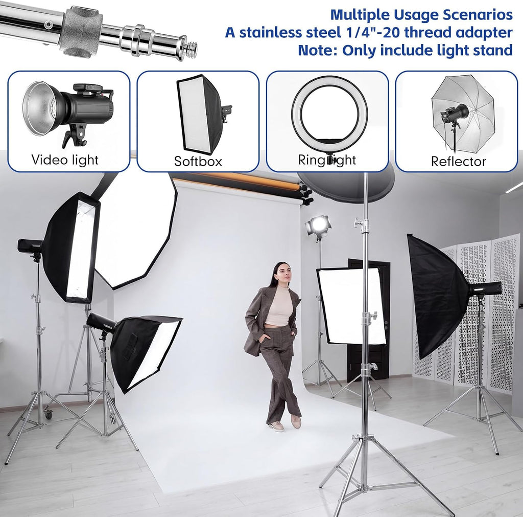 Tellegloww 4 Pack 9.2 FT Stainless Steel Light Stand Photography with 1/4â to 3/8â Screw Adapter Heavy Duty Photography Tripod Lights Stand for Strobe LED Video Lights Ring Light Monolight Softbox