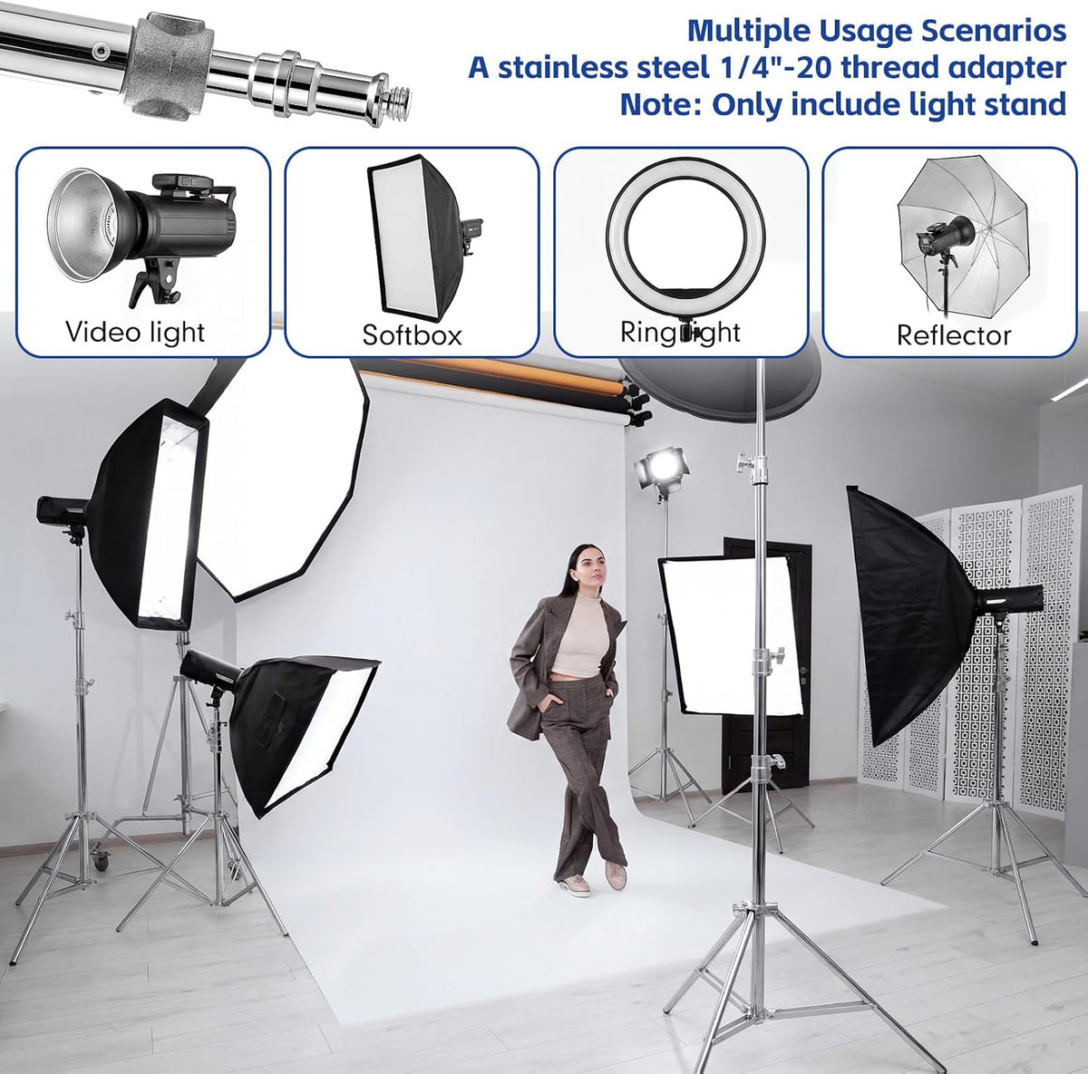 Tellegloww 4 Pack 9.2 FT Stainless Steel Light Stand Photography with 1/4â to 3/8â Screw Adapter Heavy Duty Photography Tripod Lights Stand for Strobe LED Video Lights Ring Light Monolight Softbox
