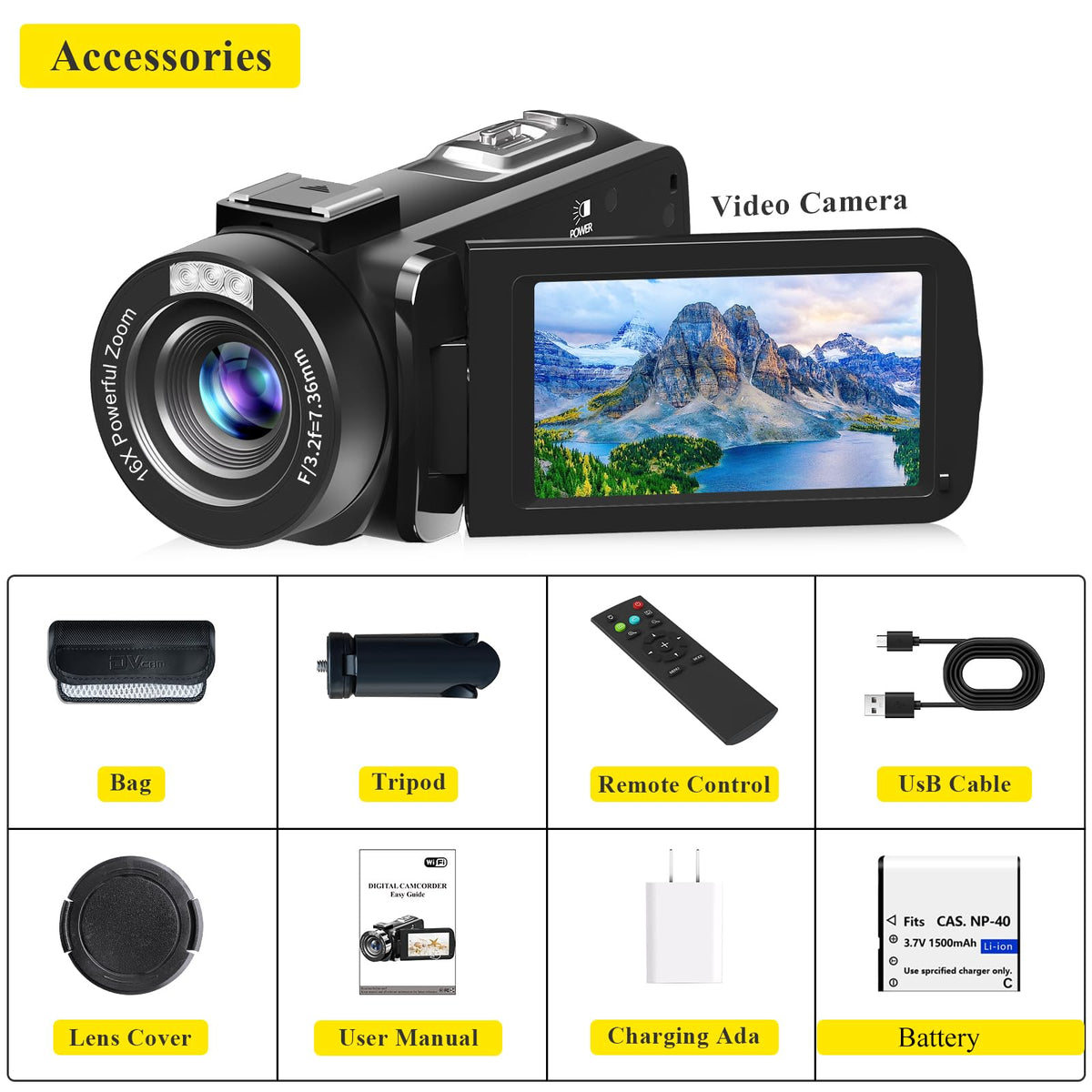 VETEK Video Camera, 1080P 30MP Camcorder IR Night Vision Vlogging Camera