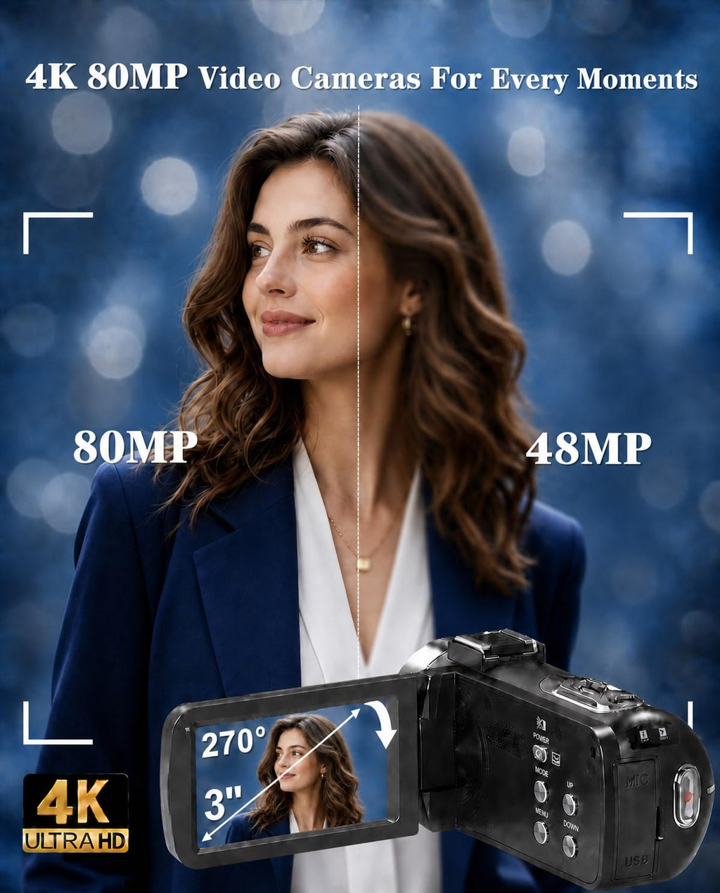 4K 80MP Camcorder Video Camera 18X Zoom Vlogging Camera for YouTube Webcam