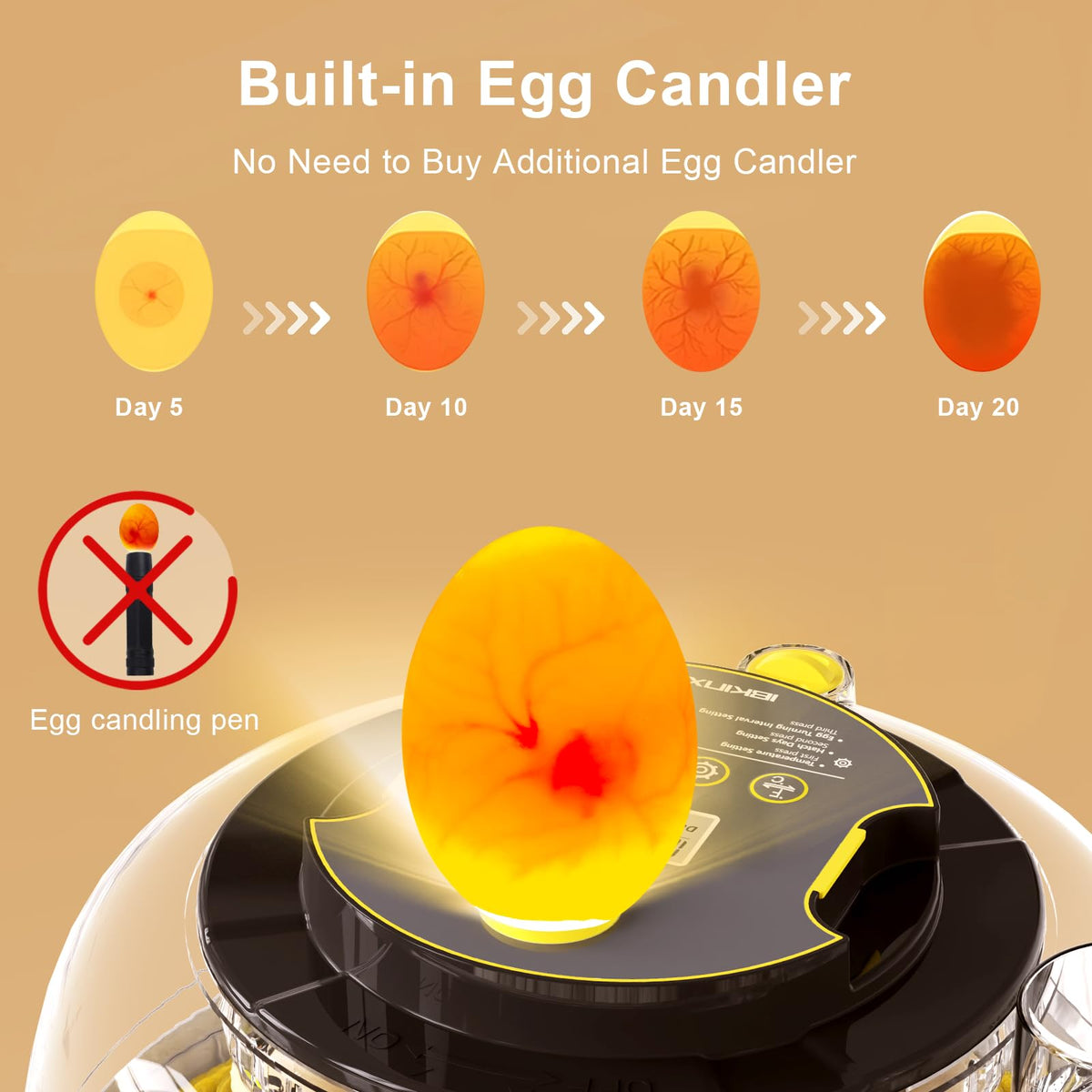 IBKINXX Incubator for Hatching Eggs-48 Egg Capacity, 2026 Newly Upraded Auto Egg Turner & Auto Precision Humidity Control System, 360Â° Clear Viewing for Chicken, Duck and Quail Eggs (Yellow)