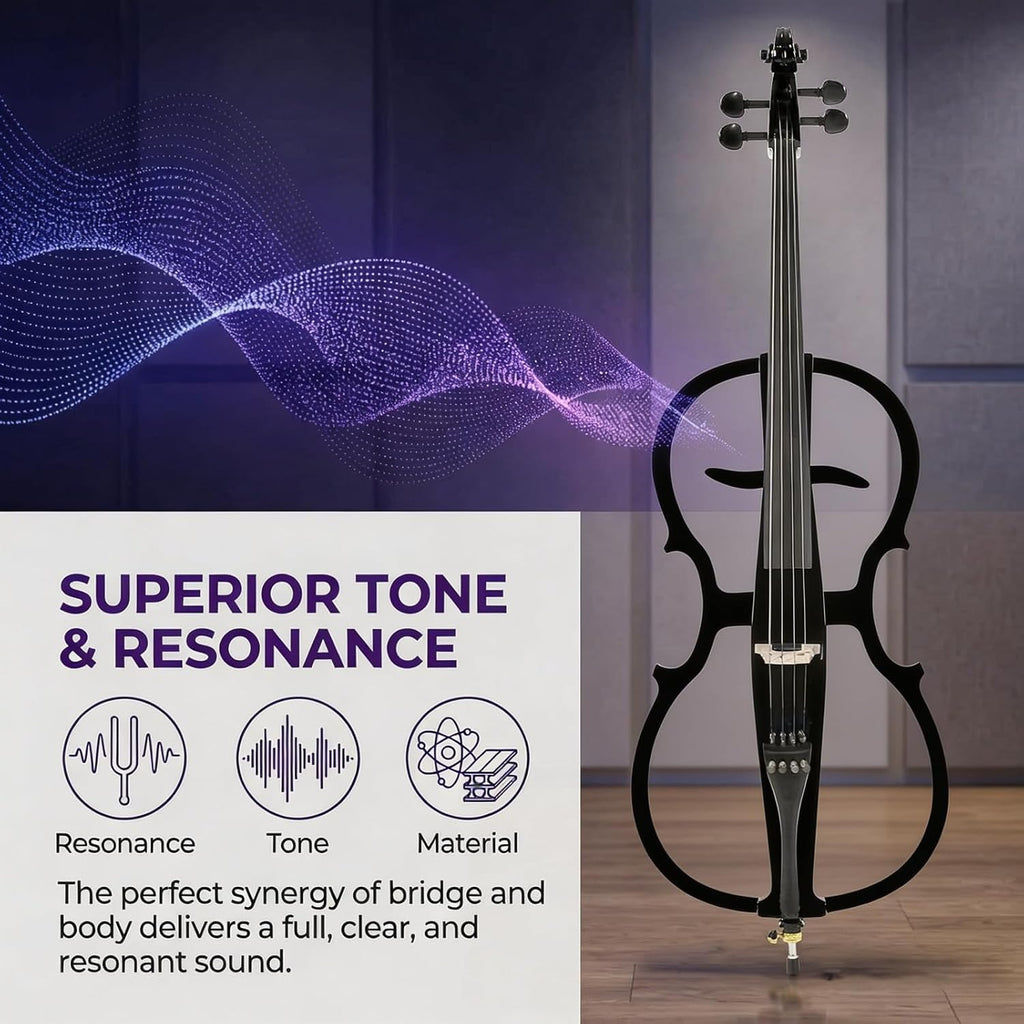 Electric Cello 4/4 Full Size Ebony Fittings with Lightweight Cello Bag, Headphones, Bow, Bridge, Rosin, Cello for Beginners Adults(Metallic Black)