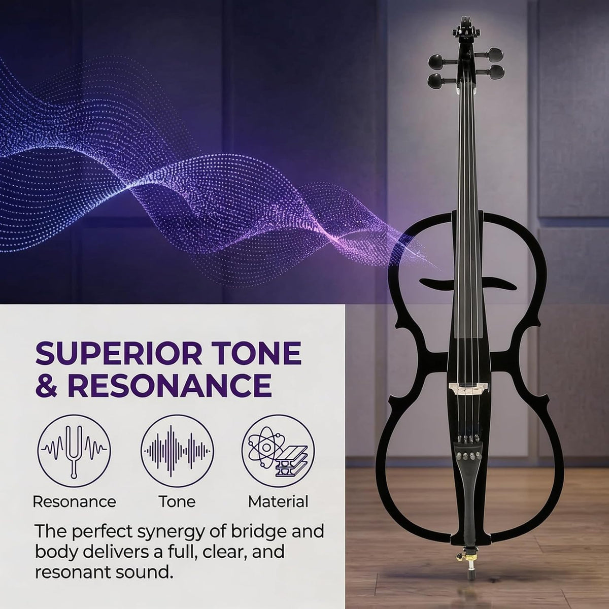 Electric Cello 4/4 Full Size Ebony Fittings with Lightweight Cello Bag, Headphones, Bow, Bridge, Rosin, Cello for Beginners Adults(Metallic Black)