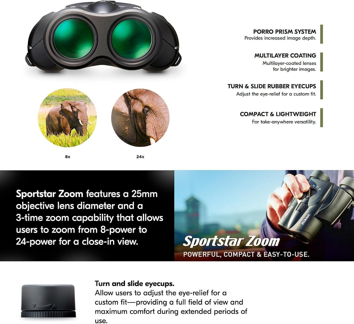 Nikon Sportstar Zoom 8-24x25mm Binoculars - Multi-Coated Lenses, Porro Prism Optics, Fast Focus Control - Compact Lightweight Binocular for Sports Events, Wildlife & Outdoor Viewing