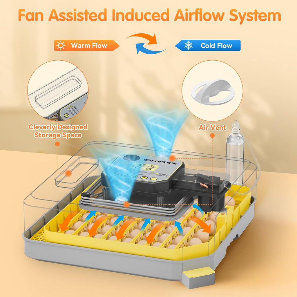IBKINXX Incubator for Hatching Eggs-48 Egg Capacity, 2026 Newly Upraded Auto Egg Turner & Auto Precision Humidity Control System, 360Â° Clear Viewing for Chicken, Duck and Quail Eggs (Yellow)