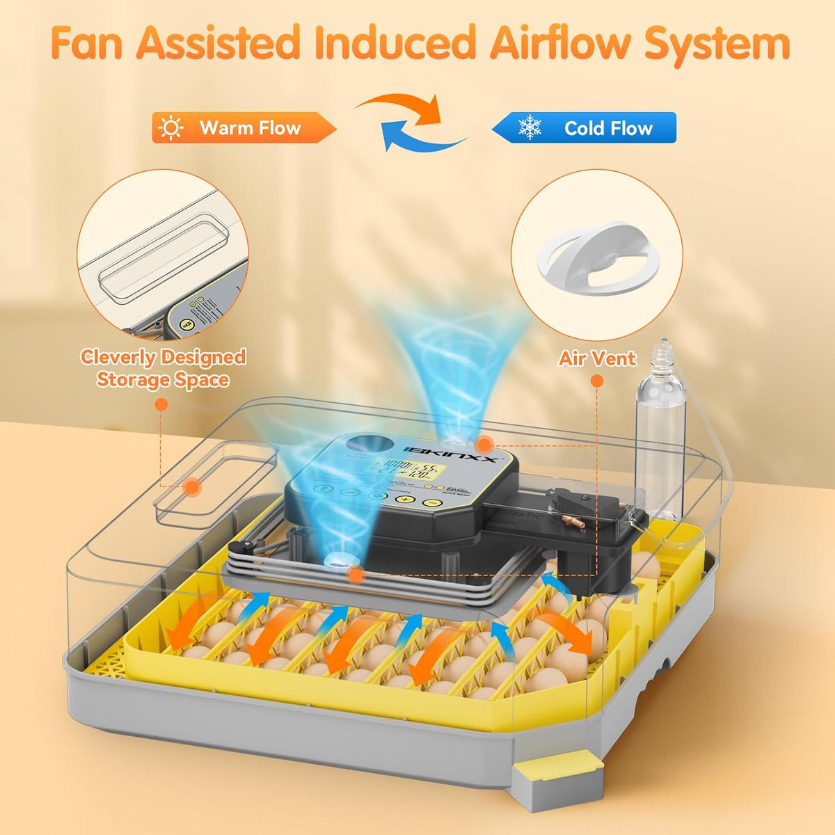 IBKINXX Incubator for Hatching Eggs-48 Egg Capacity, 2026 Newly Upraded Auto Egg Turner & Auto Precision Humidity Control System, 360Â° Clear Viewing for Chicken, Duck and Quail Eggs (Yellow)