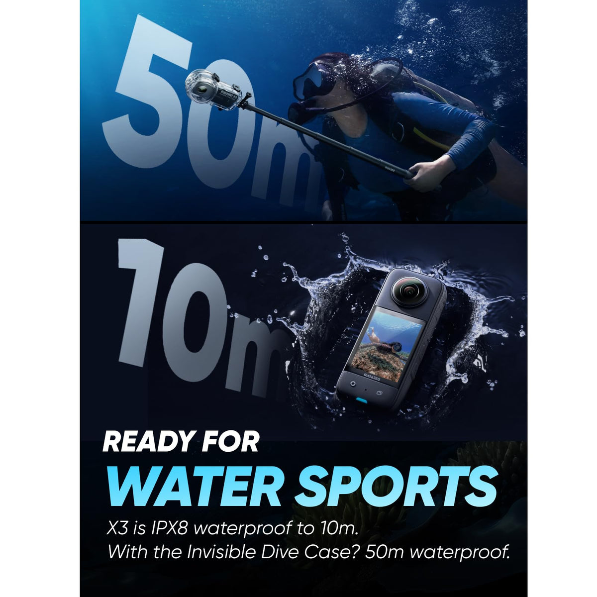 Insta360 X3, 360 Action Camera with 5.7K 360 Active HDR Video, 4K Single-Lens Camera, Waterproof, FlowState Stabilization, 2.29" Touchscreen, AI Editing, for Motorcycle, Wintersports and Vlogging