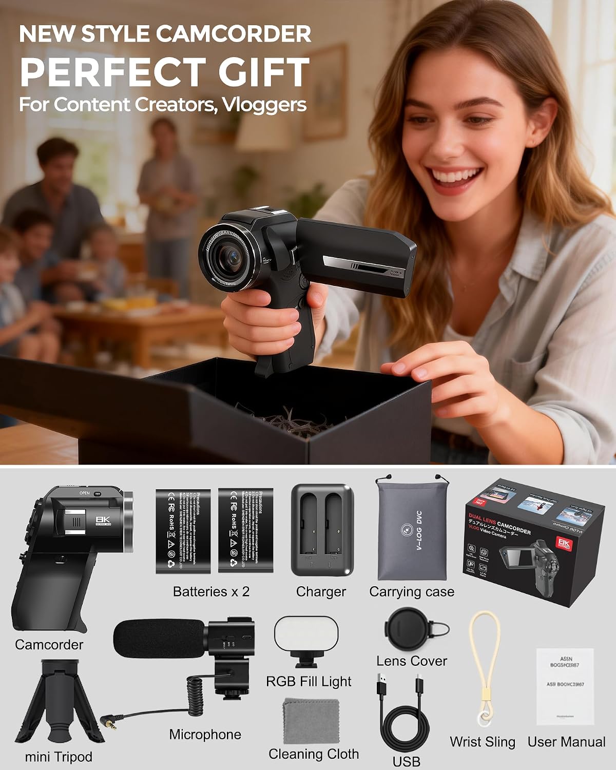 8K Video Camera, Dual Lens Camcorder with WiFi Vlogging Camera for Youtube