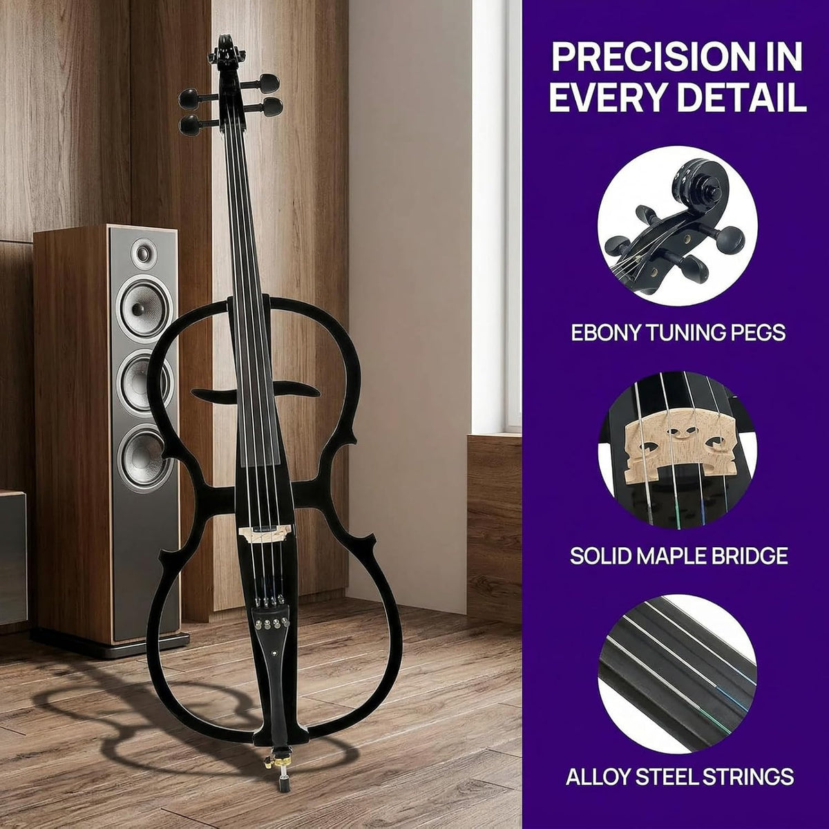 Electric Cello 4/4 Full Size Ebony Fittings with Lightweight Cello Bag, Headphones, Bow, Bridge, Rosin, Cello for Beginners Adults(Metallic Black)