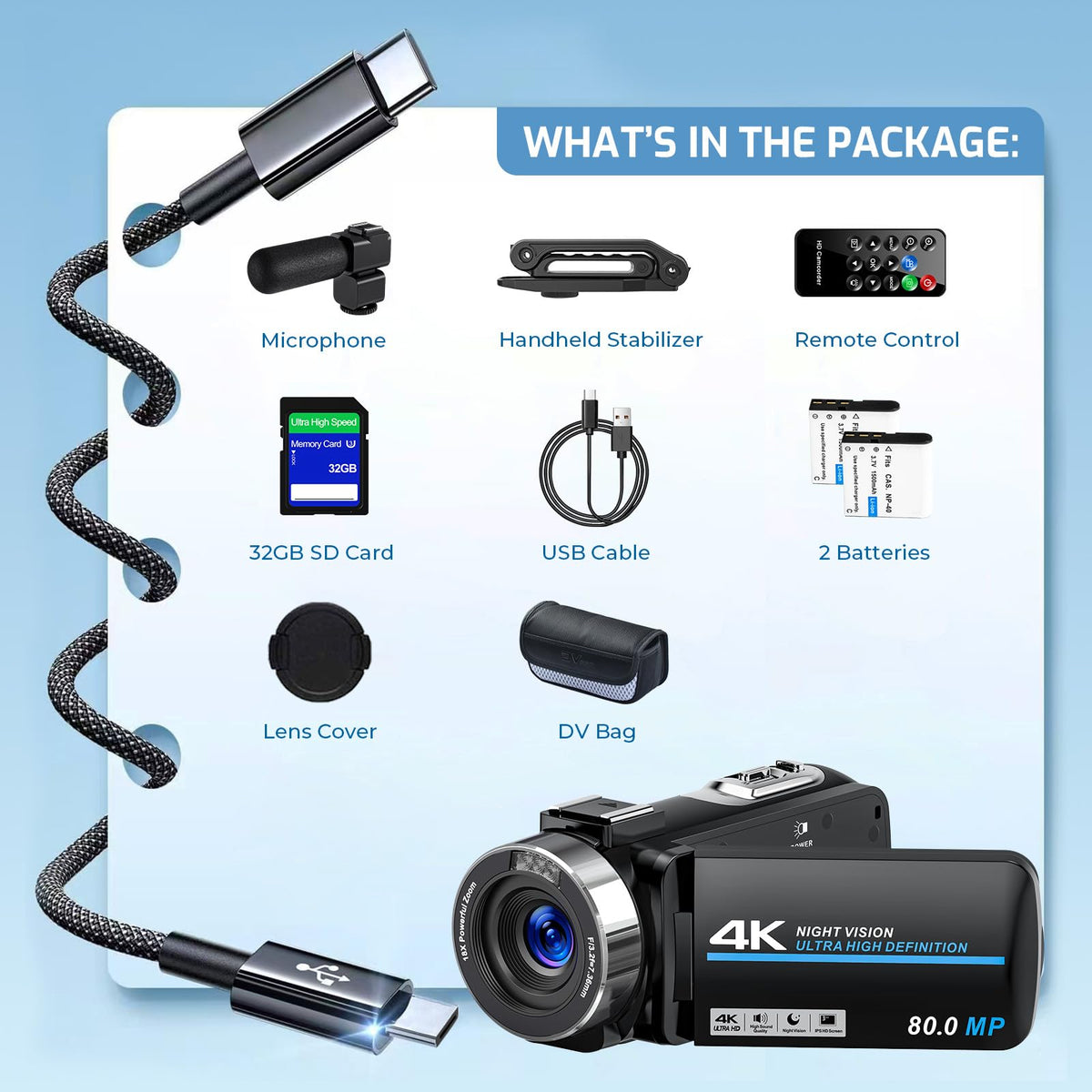 4K 80MP Camcorder Video Camera 18X Zoom Vlogging Camera for YouTube Webcam