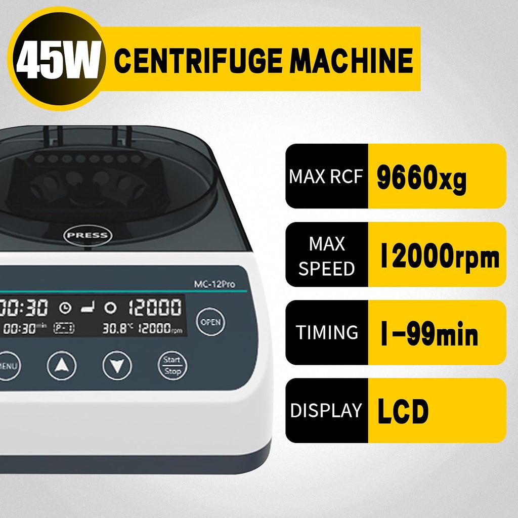 Digital Centrifuge Machine, 12000rpm High Speed Glass Tube (12x40mm) Lab Benchtop Centrifuges w/Over Temperature Protection for 0.2/0.5/1.5/2ml with Tubes(Max. 9660xg)
