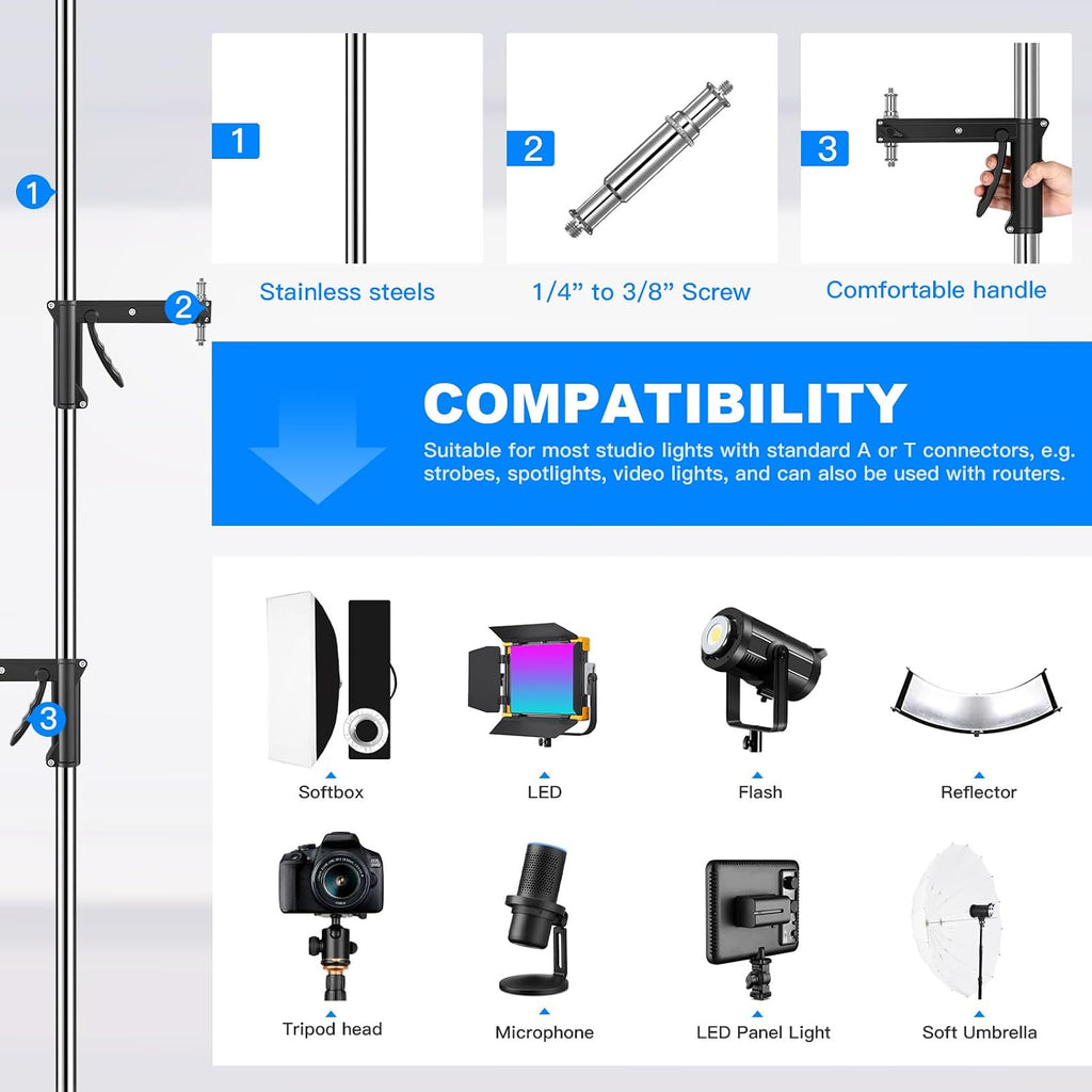 M20 Steel Wheeled Pistol Grip Heavy Duty Light Stand for Photography with Sliding Arm and Chrome-Plated Column Stand, Max. Height 6.5' Max. Load 22 Lbs, Ideal for Light Stand Photography