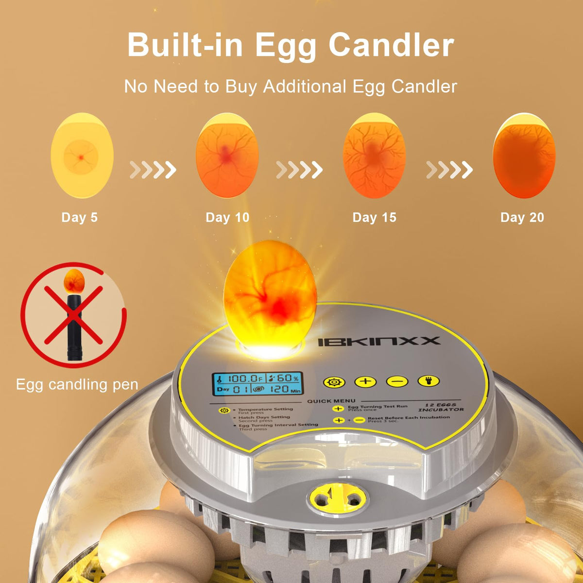 IBKINXX Incubator for Hatching Eggs-48 Egg Capacity, 2026 Newly Upraded Auto Egg Turner & Auto Precision Humidity Control System, 360Â° Clear Viewing for Chicken, Duck and Quail Eggs (Yellow)