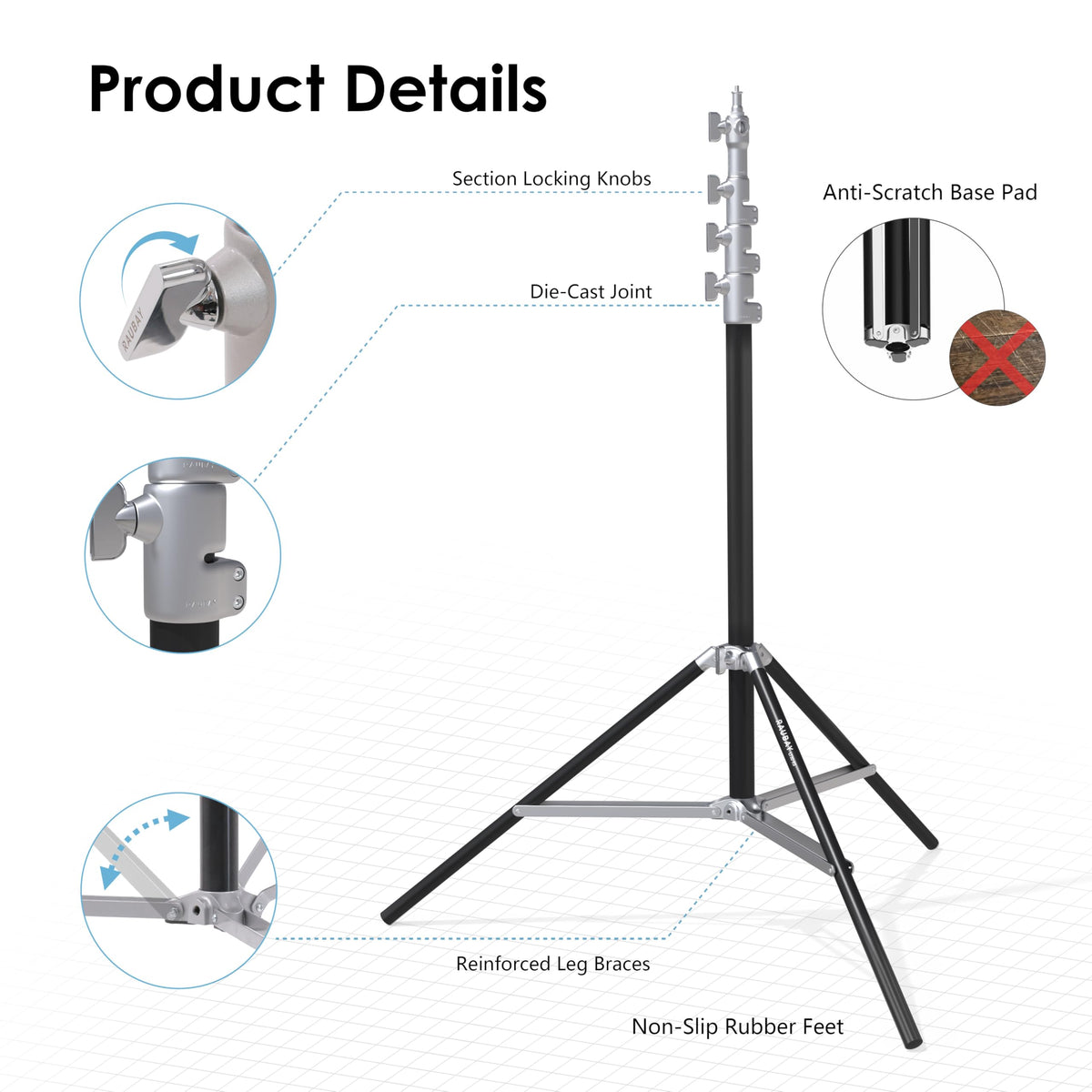 RAUBAY 10ft Corner Light Stand, Air Cushion, Silver, LT30-CS