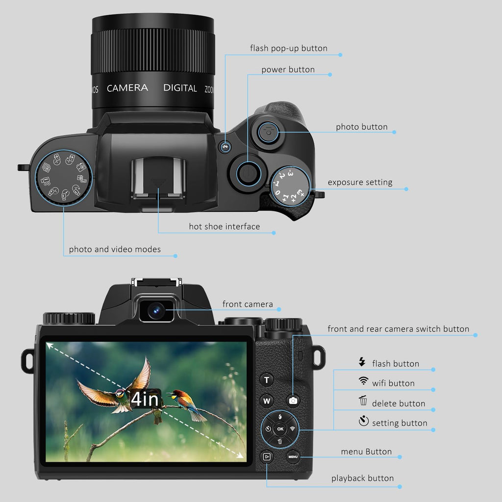 4K Digital Camera, 64MP WiFi Cameras for Photography with 4" Touchscreen