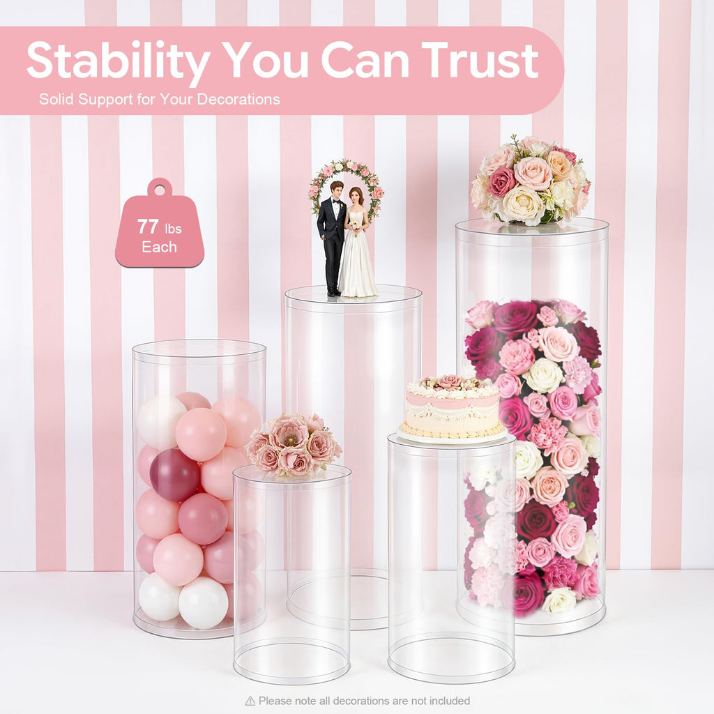 3Pcs Cylinder Pedestal Stand, PVC Acrylic Round Cylinder Stands for Party Decor 23.6 + 29.5 + 35.4 Inch Tall Cylinder Stand Pedestal Display for Birthday Wedding Party, White