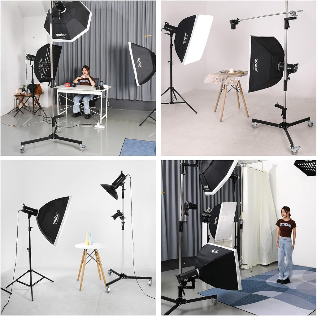 M20 Steel Wheeled Pistol Grip Heavy Duty Light Stand for Photography with Sliding Arm and Chrome-Plated Column Stand, Max. Height 6.5' Max. Load 22 Lbs, Ideal for Light Stand Photography