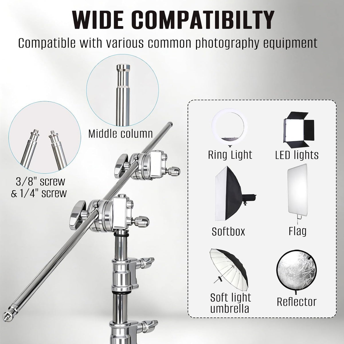 Heavy Duty Stand with Boom Arm & Casters, 10.17ft/310cm Stainless Steel Photography Light Stand Kit with Extension Arm, 2 Grip Heads, Sandbag for Studio Lighting, Monolight, Softbox