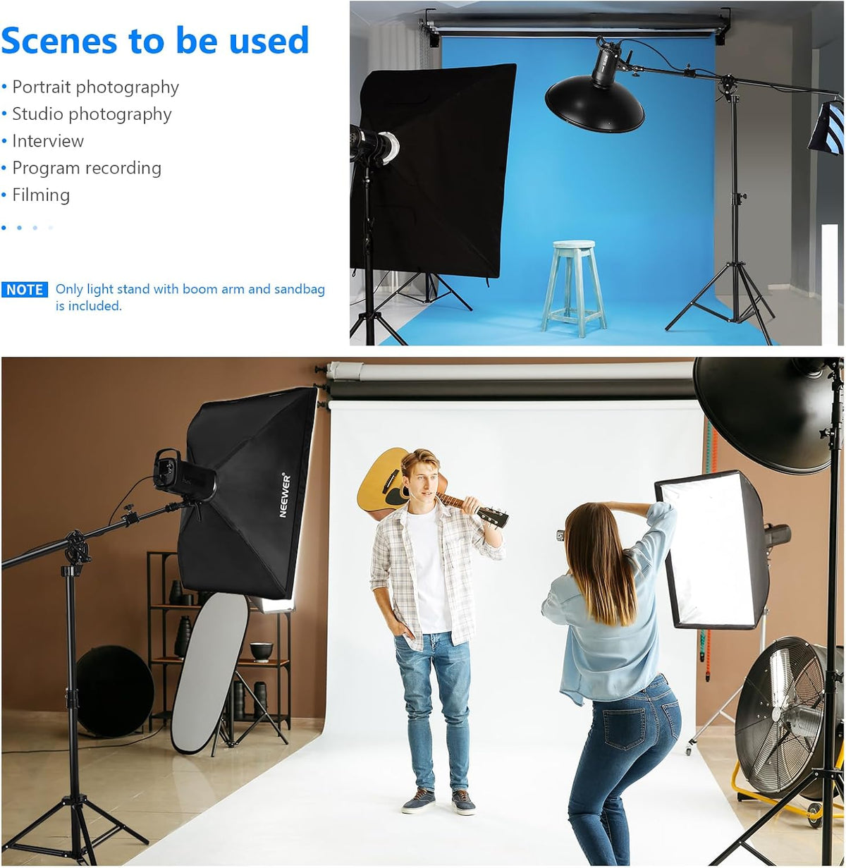 Neewer 2-in-1 Photography Light Stand, Aluminum Alloy 9.7ft Heavy Duty Tripod Stand with 3.8ft Boom Arm and Empty Sandbag for Video Light, Strobe, Reflector, Softbox for Studio Photo Video Shooting