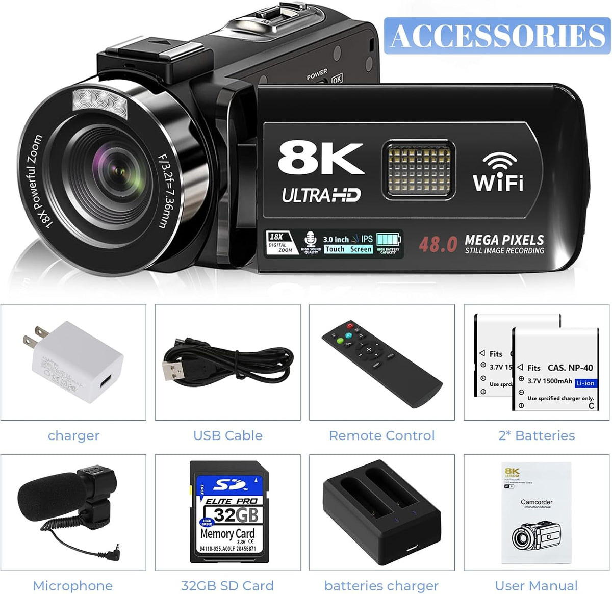 8K Video Camera 48MP UHD WiFi Vlogging Cameras for YouTube with 32GB Card