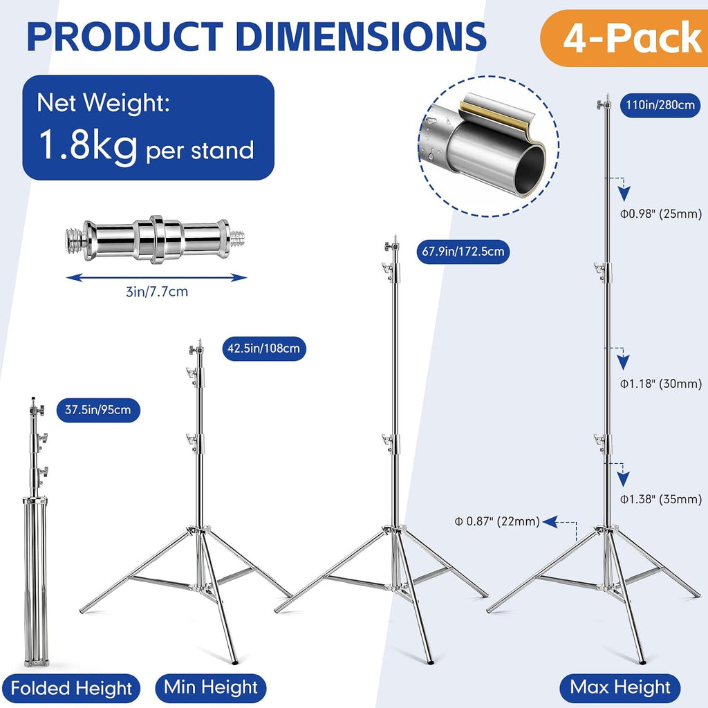Tellegloww 4 Pack 9.2 FT Stainless Steel Light Stand Photography with 1/4â to 3/8â Screw Adapter Heavy Duty Photography Tripod Lights Stand for Strobe LED Video Lights Ring Light Monolight Softbox