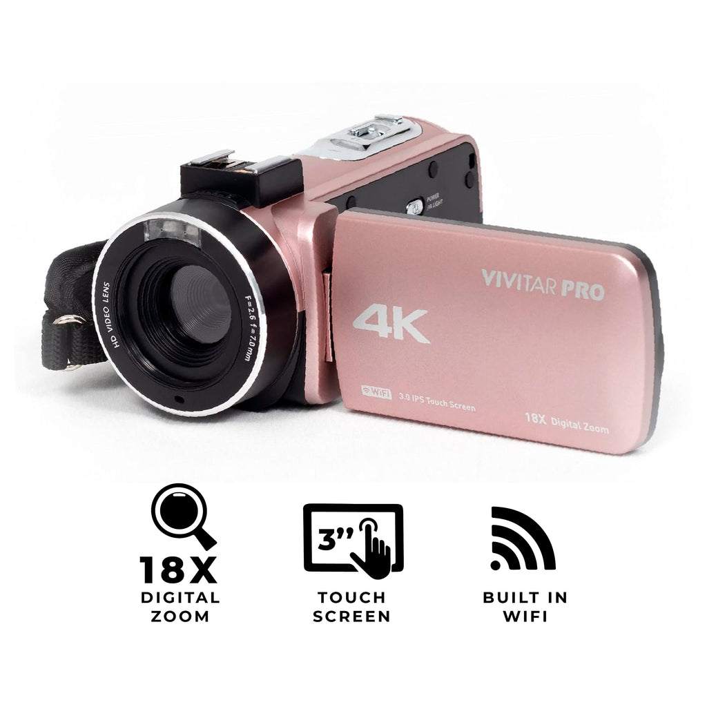Vivitar 4K Video Camera, Wi-Fi Ultra HD Camcorder with 18x Digital Zoom, 3â IPS Touchscreen Video Recorder with Night Vision, Vlogging Camera with 3.5mm Microphone Jack, Rechargeable, SD Card Slot