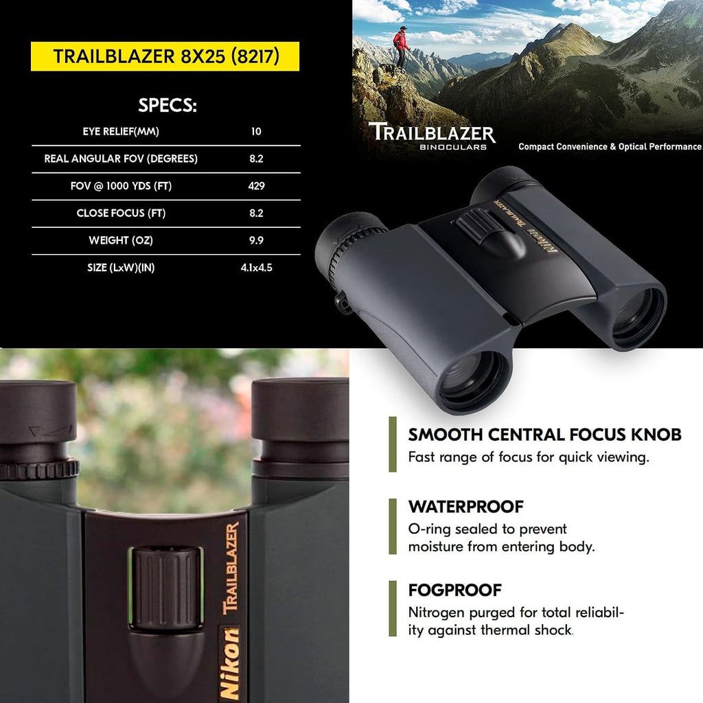 Nikon Trailblazer 8x25mm ATB Binoculars - Compact, Waterproof & Fogproof, Bright Multilayer-Coated Optics, Roof Prism - All-Terrain Outdoor Wildlife Viewing & Birdwatching Binoculars (8217)