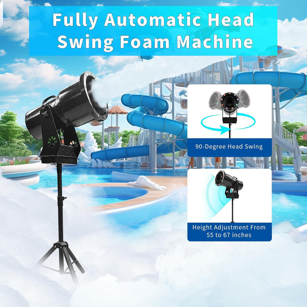 Foam Machine for Party with Fully Automatic Head Swing & Adjustable Height, Party Foam Machine with 9 LED Lights, Foam Cannon for Garden, Pool, Indoor, Birthdays, Celebrations, and Backyard Events