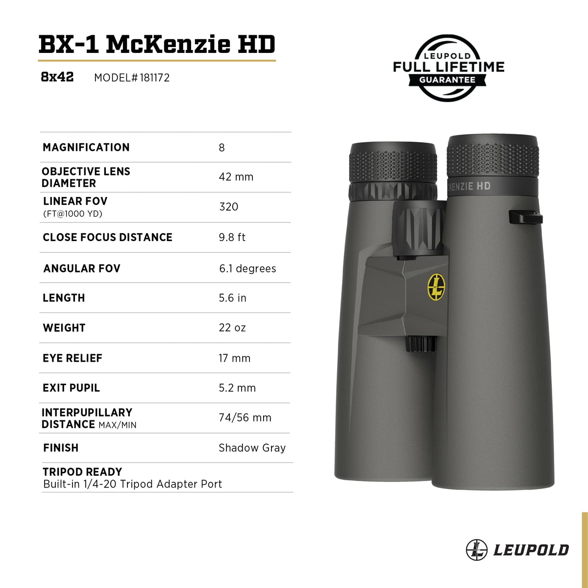 Leupold BX-1 McKenzie HD Binoculars, 10x42mm (181173)