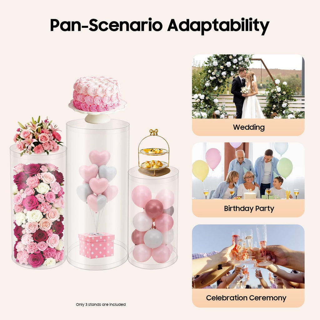 3Pcs Cylinder Pedestal Stand, PVC Acrylic Round Cylinder Stands for Party Decor 23.6 + 29.5 + 35.4 Inch Tall Cylinder Stand Pedestal Display for Birthday Wedding Party, White