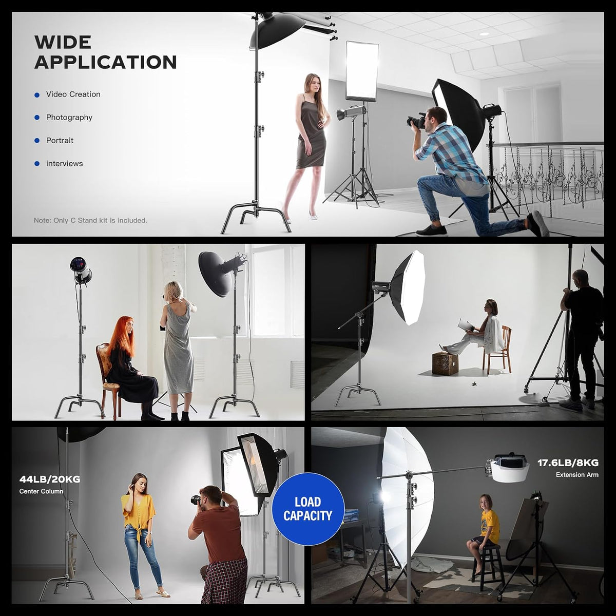 2 Pack Stainless Steel Photography Light Stand 6.9ft/210cm with Holding Arm Sandbag Grip Head Heavy Duty C Stand Sturdy for Photography Studio Video Monolight Softbox Shooting?Black?