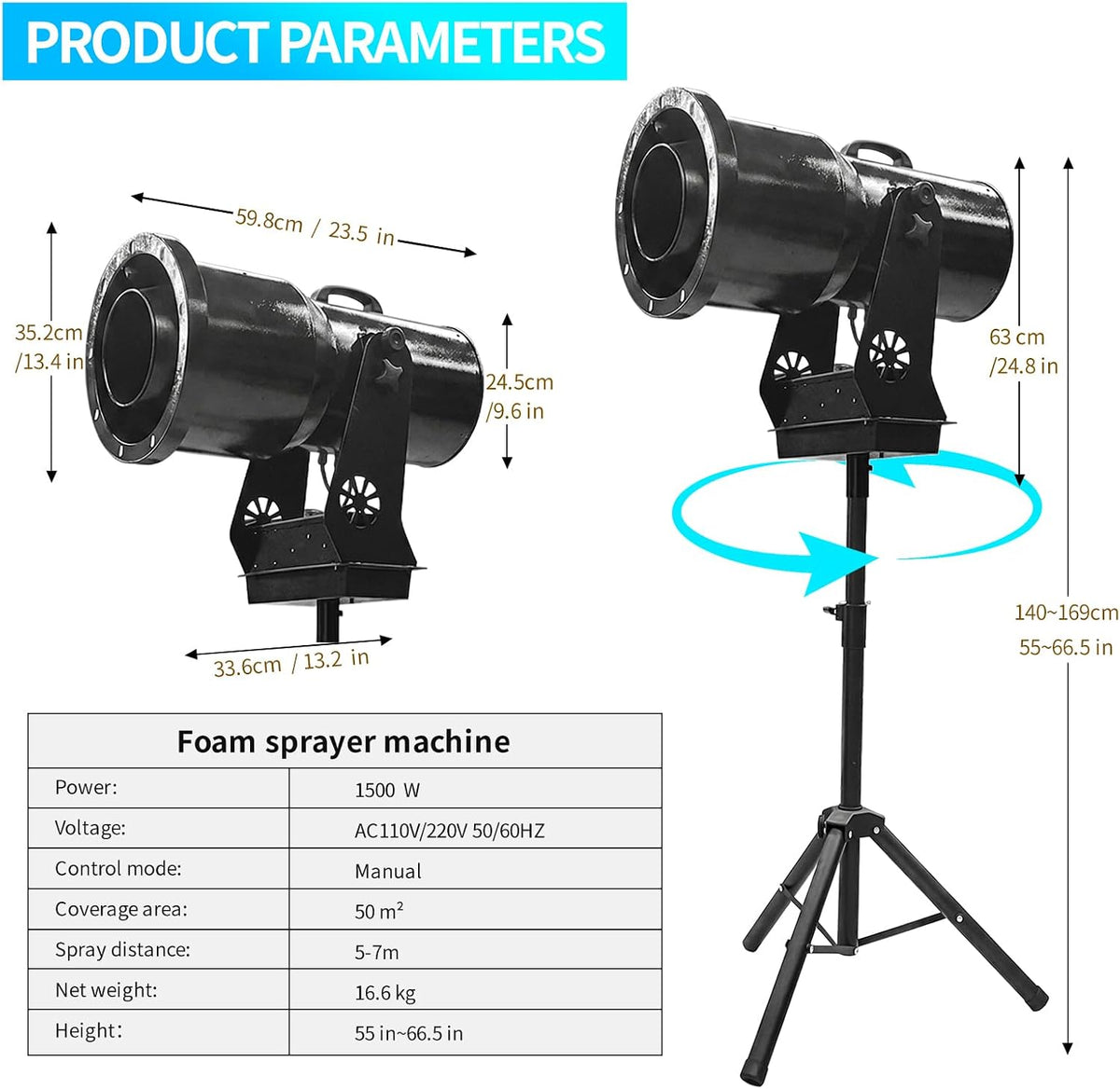 Foam Machine for Party with Fully Automatic Head Swing & Adjustable Height, Party Foam Machine with 9 LED Lights, Foam Cannon for Garden, Pool, Indoor, Birthdays, Celebrations, and Backyard Events