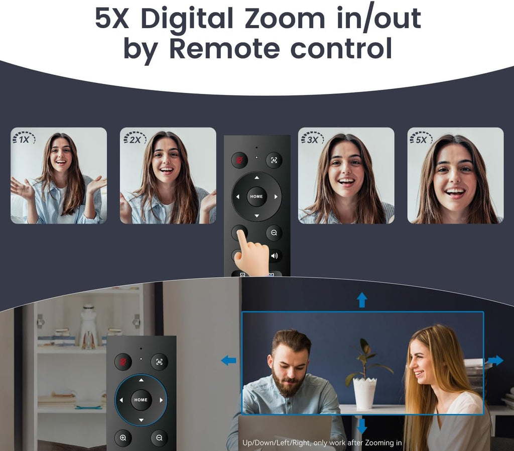 TONGVEO 3-in-1 4K Webcam with Microphones and Speaker, AI Auto-Tracking 5X Digital Zoom Webcam 4K Adjustable Field of View Remote Control Works with Microsoft Teams, Zoom, Google Meet, PC Mac Laptop