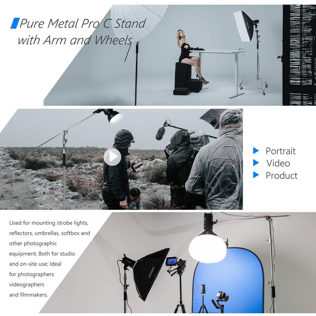 Neewer 10 Feet/3 Meters Adjustable C-Stand Light Stand with 4 Feet/1.2 Meters Extension Boom Arm, 2 Pieces Grip Head and Carry Bag for Photography Studio Video Reflector, Umbrella, Monolight, etc