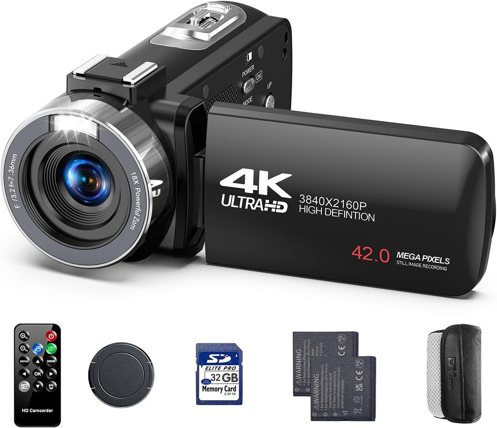 4K Video Camera Camcorder, 42MP Vlogging Camera for YouTube with 32GB SD Card, 2 Batteries, 3" 270Â° Rotating Screen, 18X Digital Zoom, Remote Control, Webcam for Live Streaming