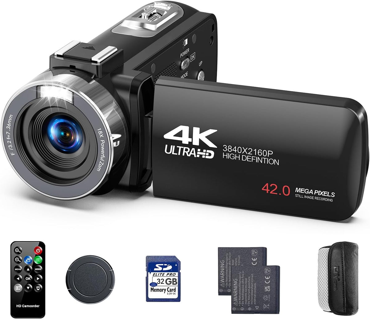 4K Video Camera Camcorder, 42MP Vlogging Camera for YouTube with 32GB SD Card, 2 Batteries, 3" 270Â° Rotating Screen, 18X Digital Zoom, Remote Control, Webcam for Live Streaming
