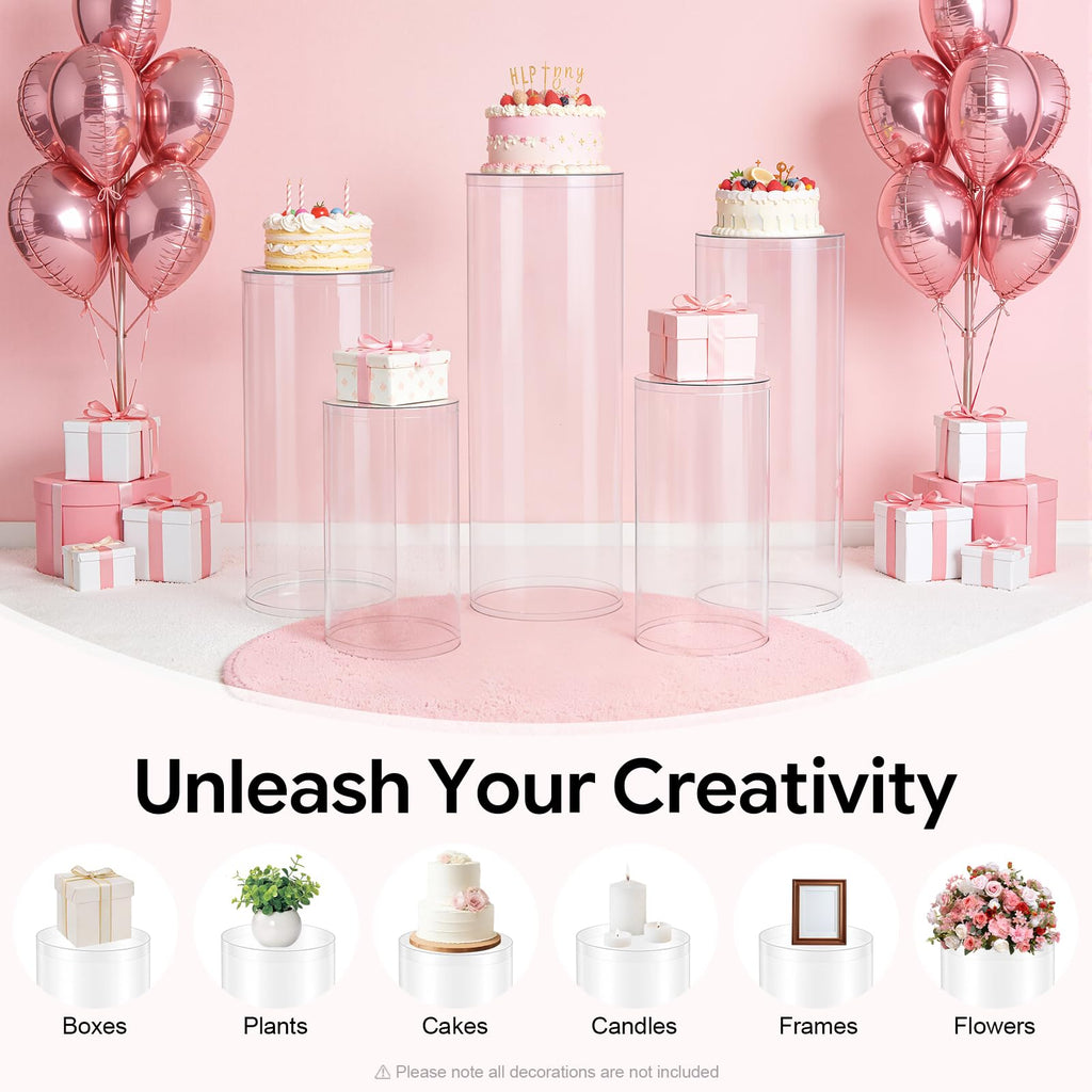 3Pcs Cylinder Pedestal Stand, PVC Acrylic Round Cylinder Stands for Party Decor 23.6 + 29.5 + 35.4 Inch Tall Cylinder Stand Pedestal Display for Birthday Wedding Party, White