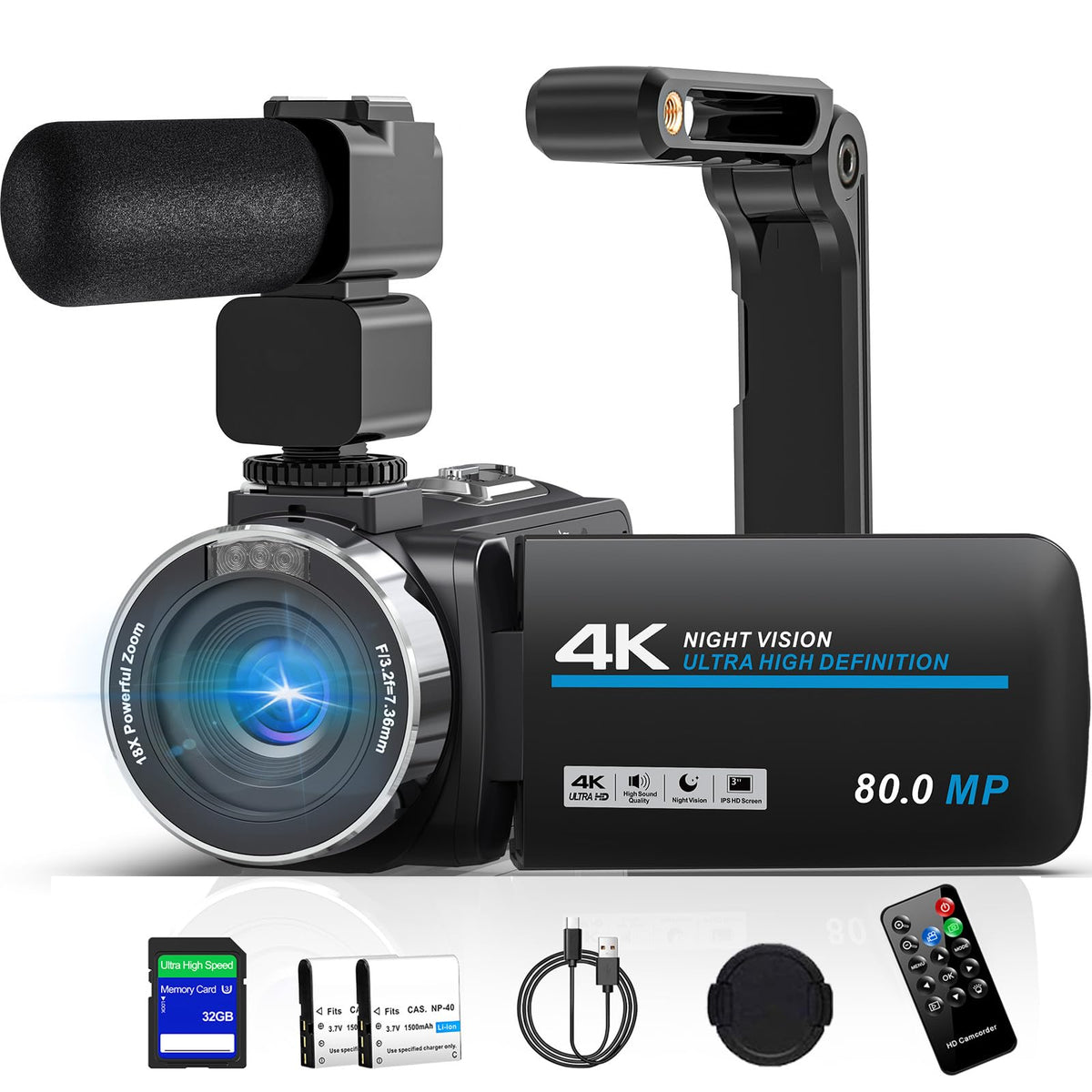 4K 80MP Camcorder Video Camera 18X Zoom Vlogging Camera for YouTube Webcam