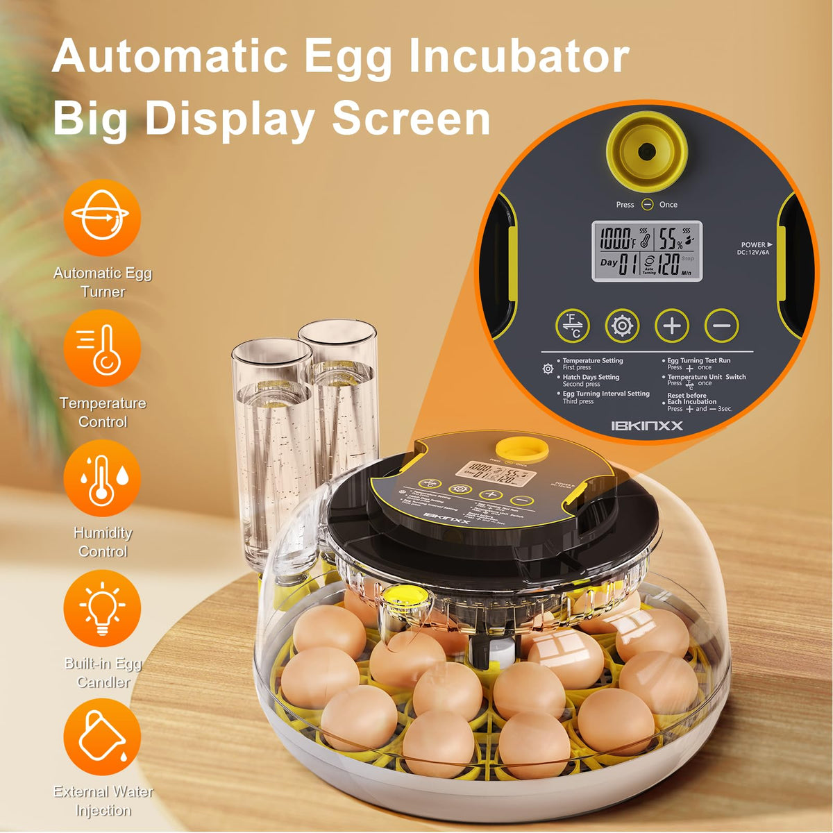 IBKINXX Incubator for Hatching Eggs-48 Egg Capacity, 2026 Newly Upraded Auto Egg Turner & Auto Precision Humidity Control System, 360Â° Clear Viewing for Chicken, Duck and Quail Eggs (Yellow)