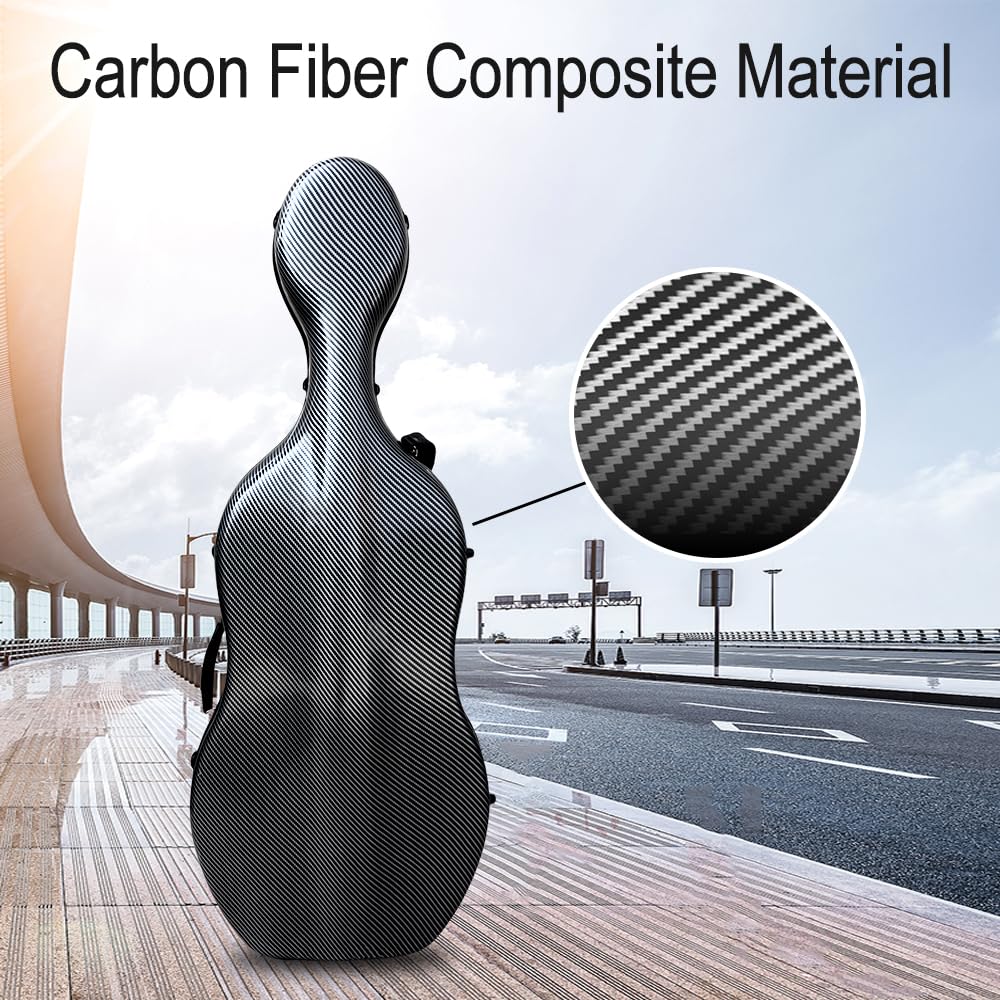 Vetimobato Carbon Fiber Cello Case 4/4 Full Size Strong & Ultralight Hard Shell Travel Case with Built-in Handle Wheels Backpack Straps Bow Holders Cello Box for Professional Cellists (Dark Green)