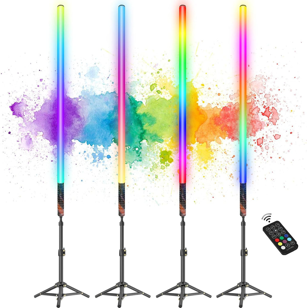 LUXCEO 4Pack RGB Tube Light Bar with Light Stand, Battery Powered LED Video Light Wand Stick with Remote Control for DJ Lighting, Dance Club and Photography Lighting (3Ft)