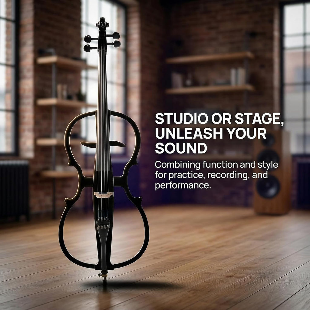 Electric Cello 4/4 Full Size Ebony Fittings with Lightweight Cello Bag, Headphones, Bow, Bridge, Rosin, Cello for Beginners Adults(Metallic Black)