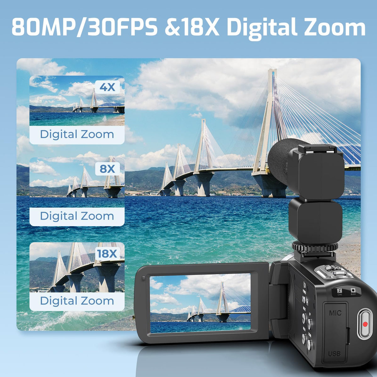 4K 80MP Camcorder Video Camera 18X Zoom Vlogging Camera for YouTube Webcam