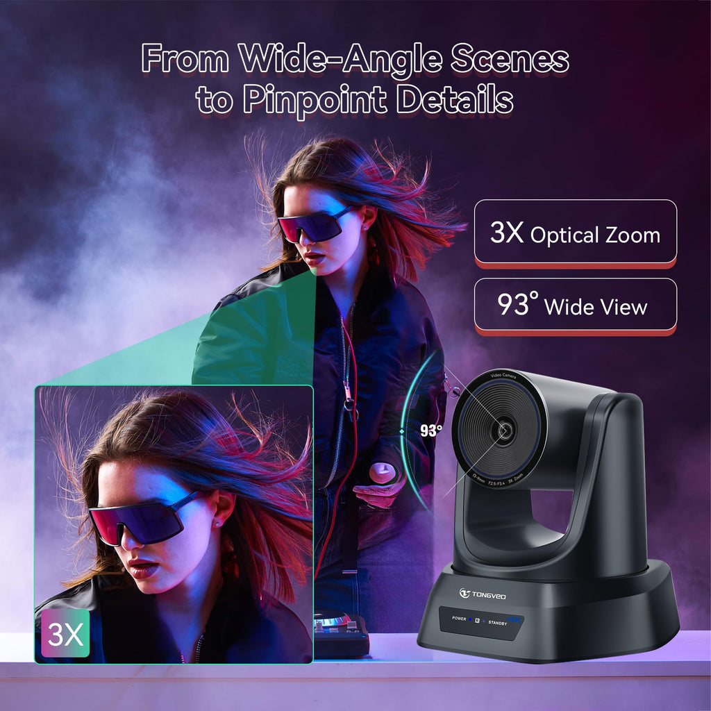 TONGVEO 3X Optical Zoom PTZ Camera AI Auto-Tracking HDMI USB 3.0 1080P 60fps Wide-Angle for Video Conference Business Meeting Live Streaming Online Learn with Zoom YouTube Teams OBS and More