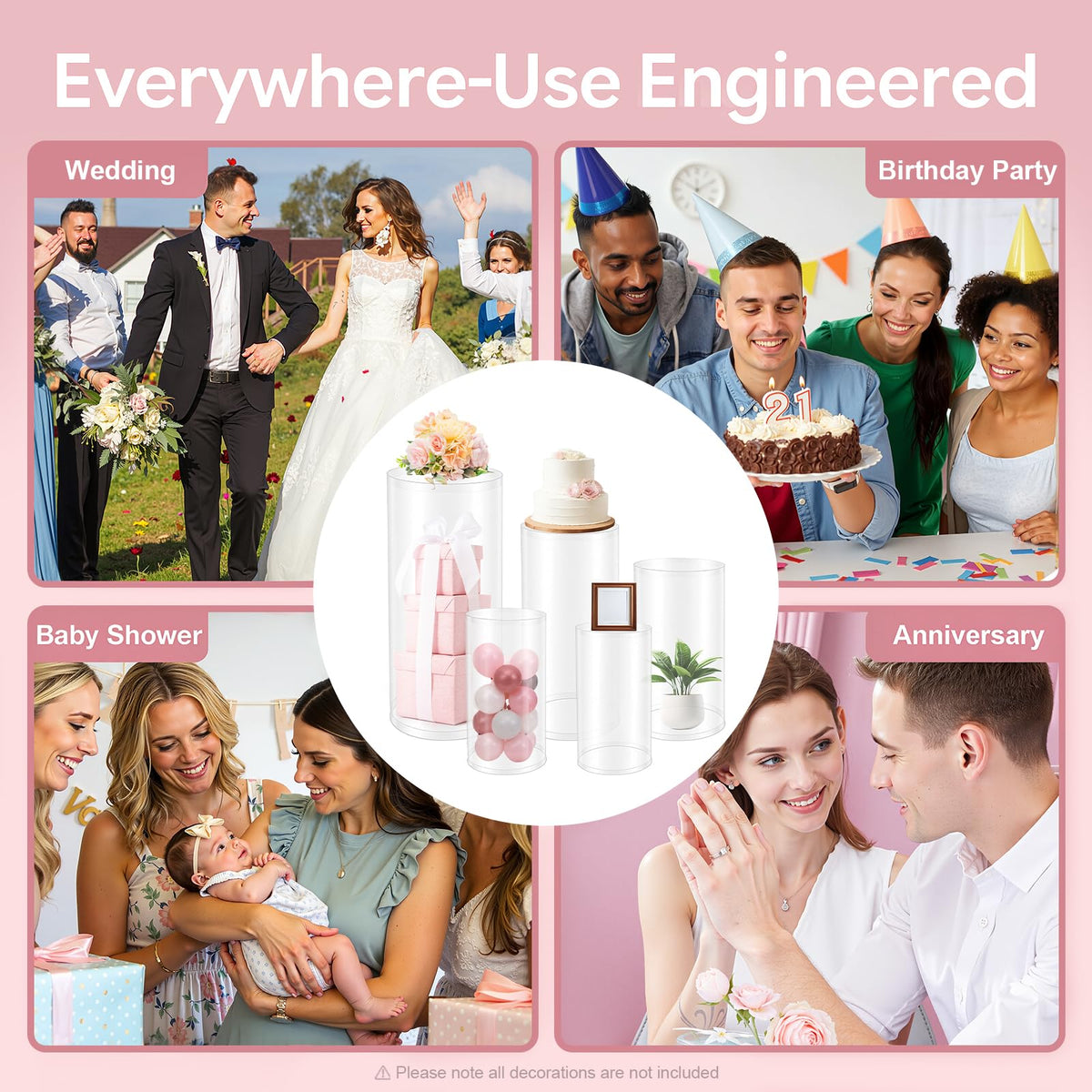 3Pcs Cylinder Pedestal Stand, PVC Acrylic Round Cylinder Stands for Party Decor 23.6 + 29.5 + 35.4 Inch Tall Cylinder Stand Pedestal Display for Birthday Wedding Party, White
