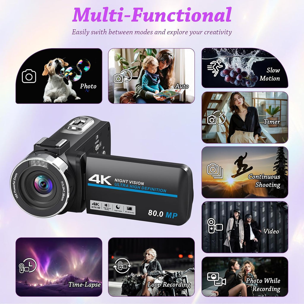 4K HD 80MP Camcorder Video Camera Vlogging Camera for YouTube