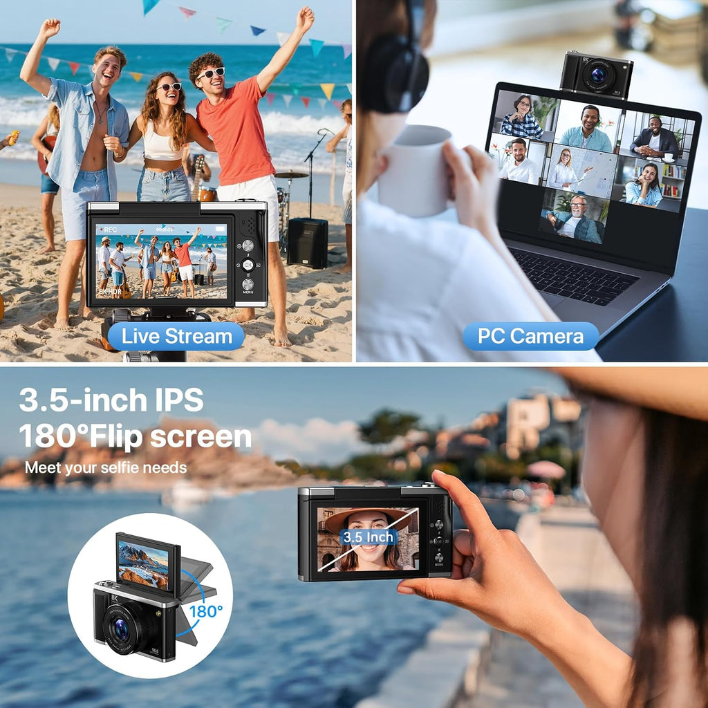 8K Digital Camera for Photography with WiFi 96MP Autofocus Vlogging Camera for YouTube Video 3.5'' 180Â°Flip Screen 20X Zoom Anti-Shake Compact Point and Shoot Cameras for Beginner Creator with SD Card