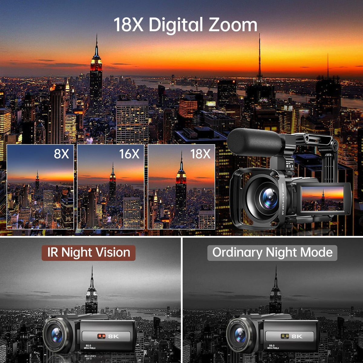 8K Video Camera Camcorder 88MP UHD WiFi Vlogging Cameras for YouTube 18X Digital Zoom IR Night Vision 3.0''Touch Screen Camera with 32GB Card, Microphone, Stabilizer, Lens Hood, Remote, Batteries
