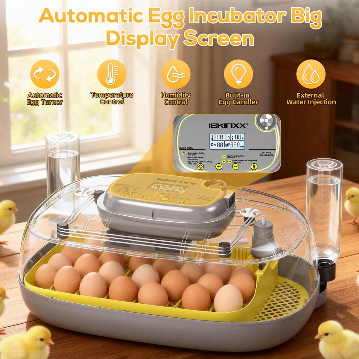 IBKINXX Incubator for Hatching Eggs-48 Egg Capacity, 2026 Newly Upraded Auto Egg Turner & Auto Precision Humidity Control System, 360Â° Clear Viewing for Chicken, Duck and Quail Eggs (Yellow)
